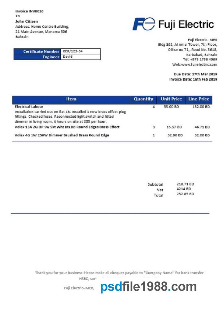 Bahrain Falcon Electrical S.P.C Electricity Utility Bill